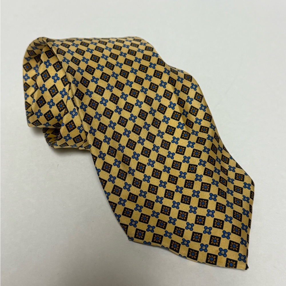 Angelo Bosani 100% Silk Tie Yellow Blue Flowers Men’s Dress Suit Office Work